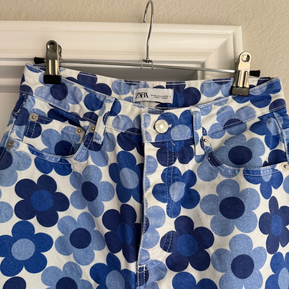 Zara High Rise Blue Floral Jeans